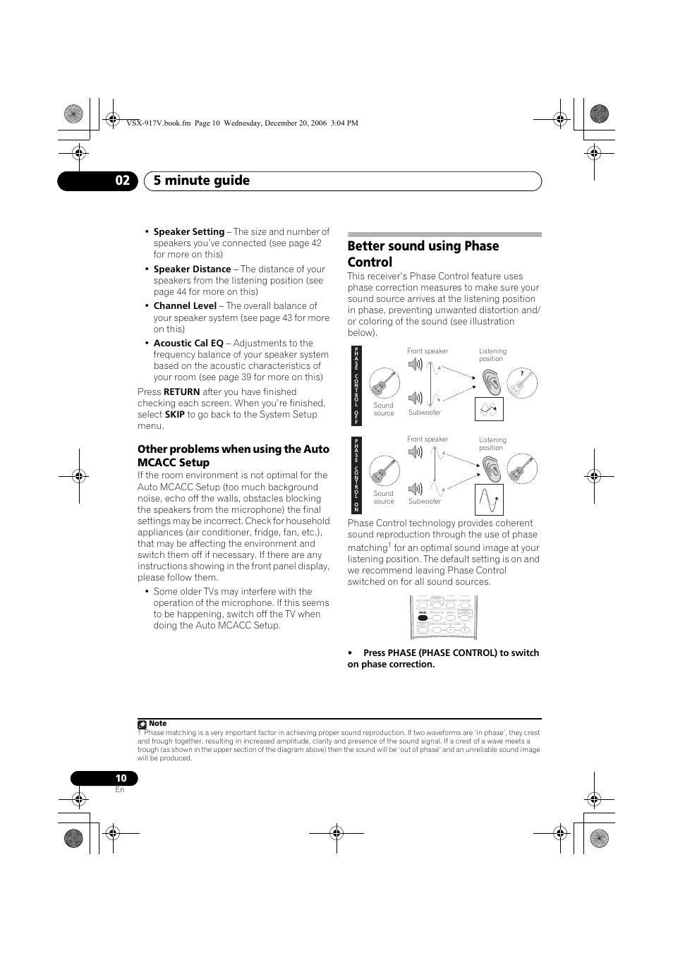 Other problems when using the auto mcacc setup, Better sound using phase control, 5 minute guide 02 | Pioneer VSX-917V-S/-K User Manual | Page 10 / 70