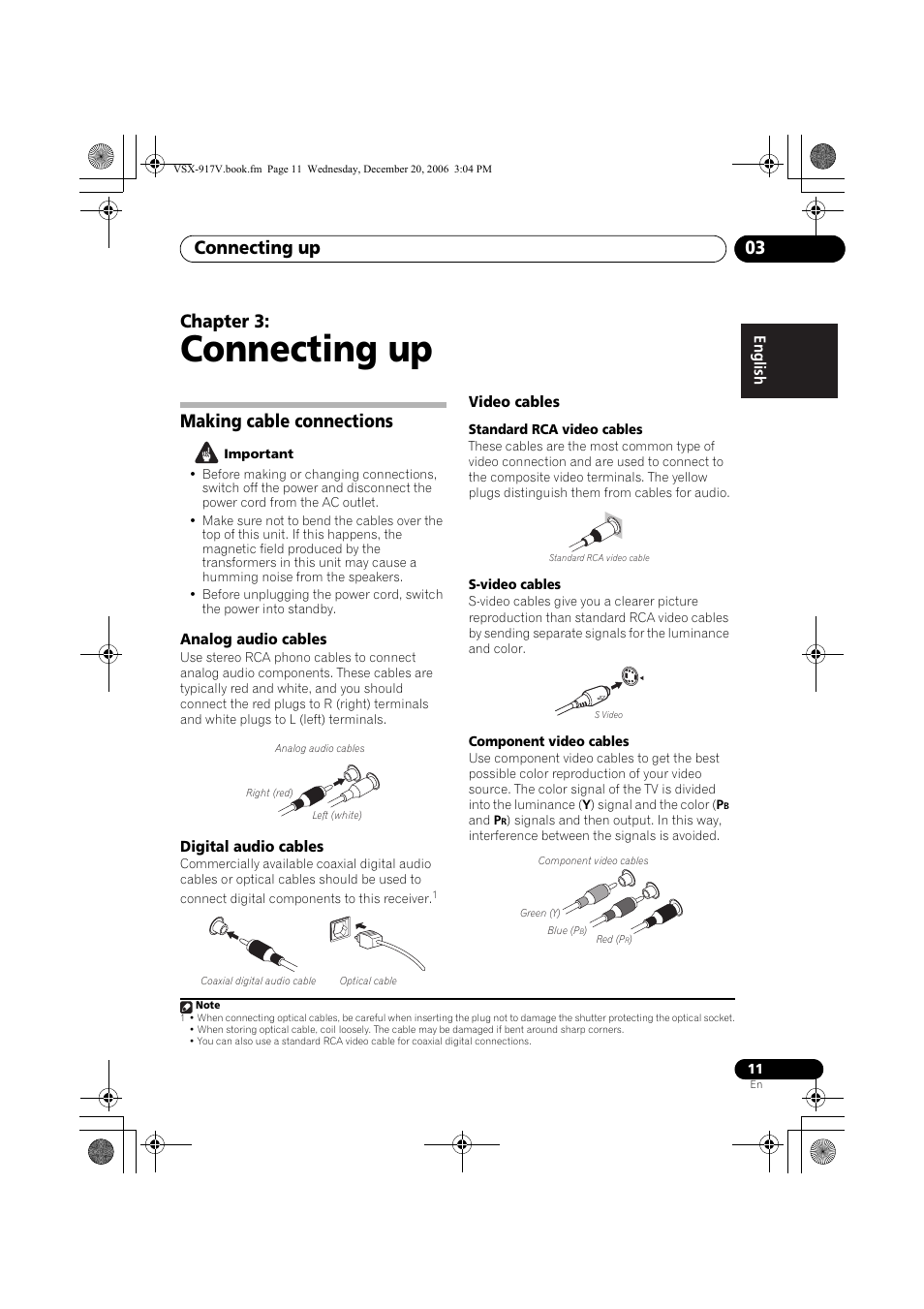 03 connecting up, Making cable connections, Analog audio cables | Digital audio cables, Video cables, Connecting up, Connecting up 03, Chapter 3 | Pioneer VSX-917V-S/-K User Manual | Page 11 / 70