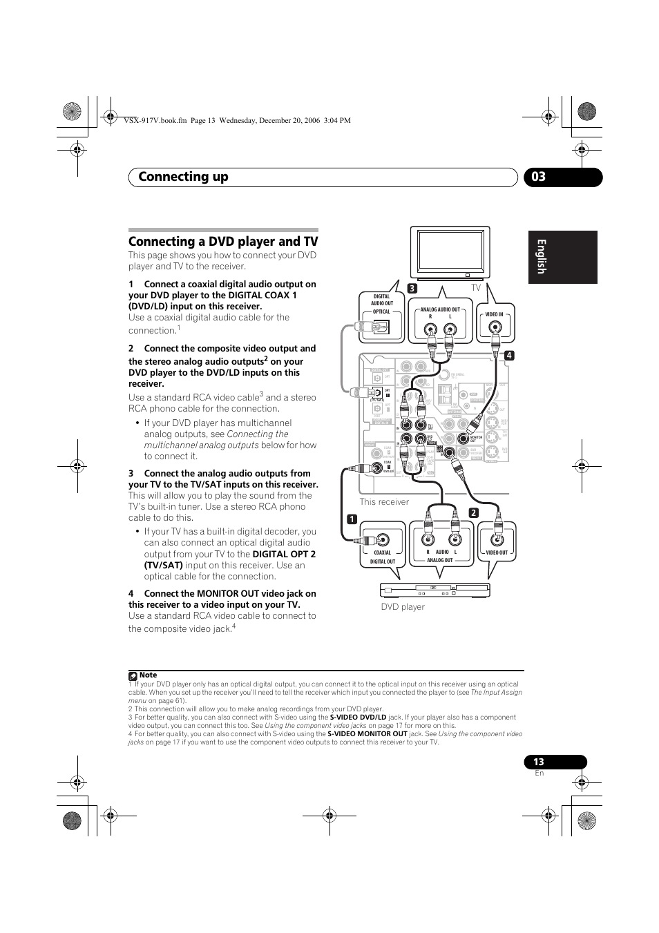 Connecting a dvd player and tv, Connecting up 03, This receiver tv | Dvd player | Pioneer VSX-917V-S/-K User Manual | Page 13 / 70