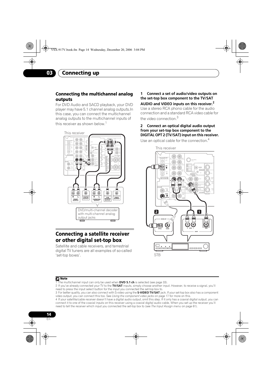 Connecting the multichannel analog outputs, Connecting up 03, This receiver | Stb this receiver | Pioneer VSX-917V-S/-K User Manual | Page 14 / 70