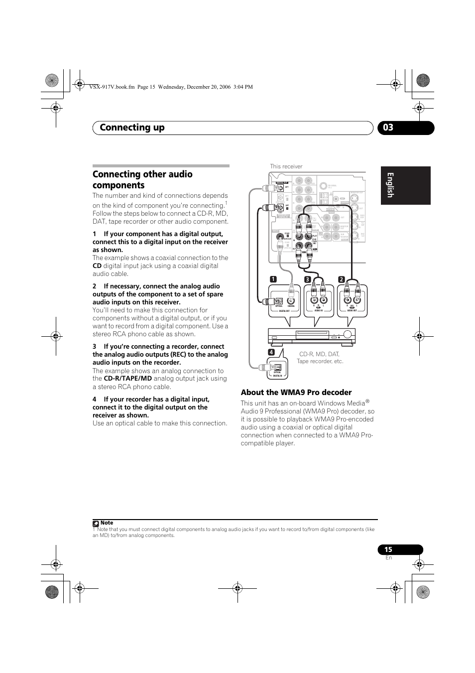 Connecting other audio components, About the wma9 pro decoder, Connecting up 03 | This unit has an on-board windows media, Cd-r, md, dat, tape recorder, etc | Pioneer VSX-917V-S/-K User Manual | Page 15 / 70