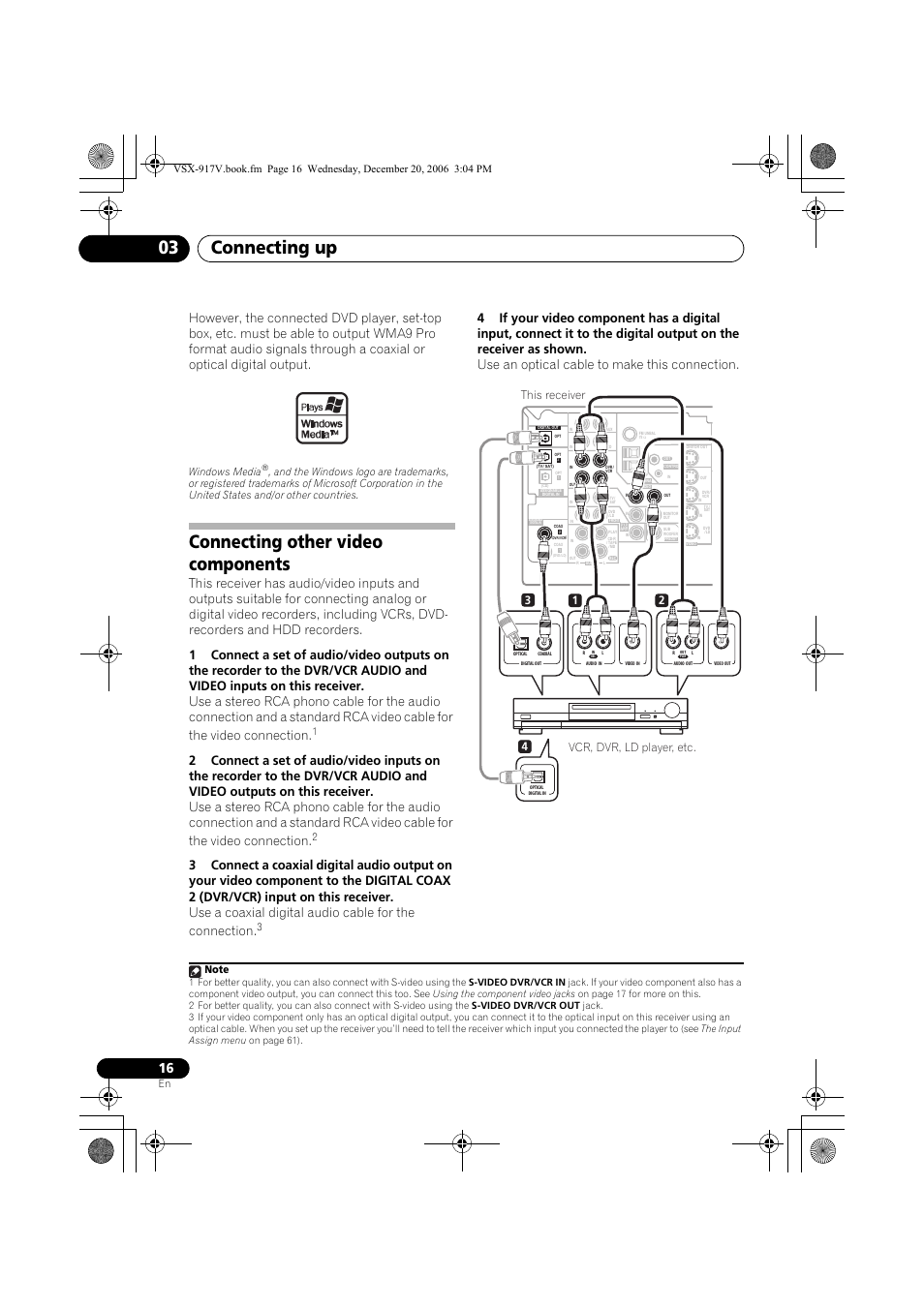 Connecting other video components, Connecting up 03, Vcr, dvr, ld player, etc | 31 2 this receiver, Windows media | Pioneer VSX-917V-S/-K User Manual | Page 16 / 70