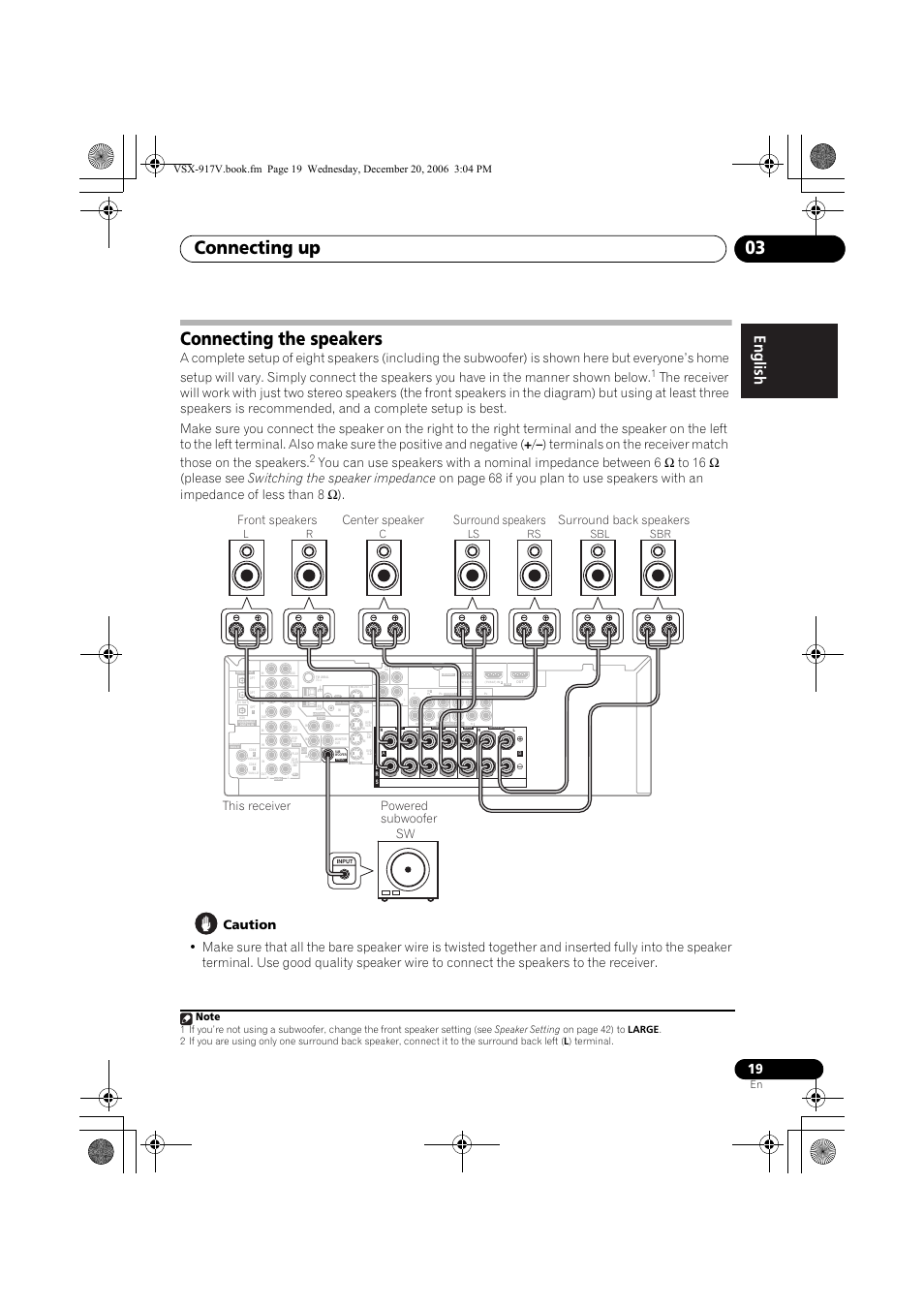 Connecting the speakers, Connecting up 03, Front speakers | Surround speakers center speaker, Lr c ls rs, Sbl sbr | Pioneer VSX-917V-S/-K User Manual | Page 19 / 70