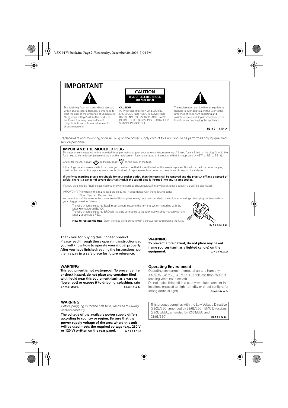 Important, Caution | Pioneer VSX-917V-S/-K User Manual | Page 2 / 70