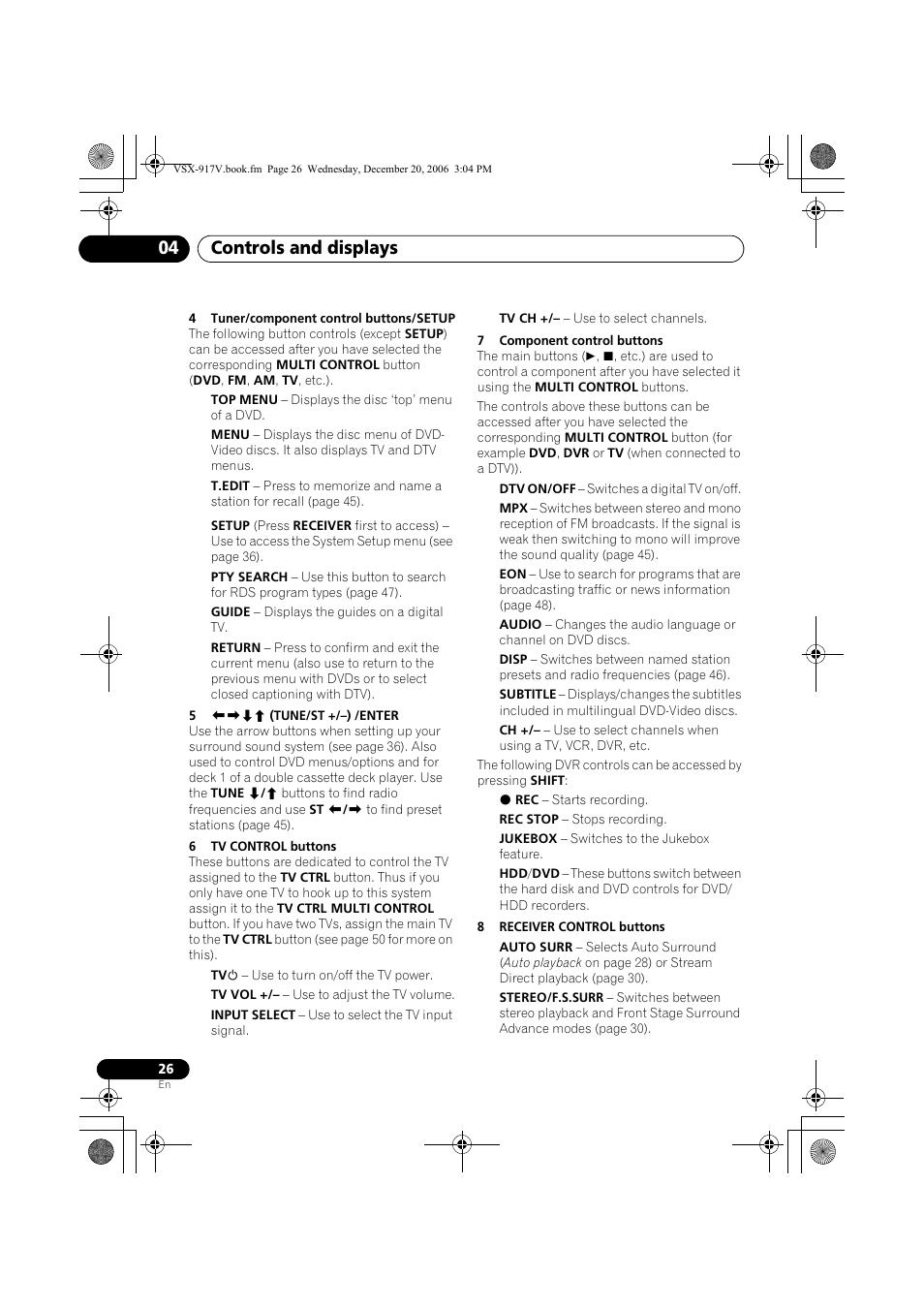 Controls and displays 04 | Pioneer VSX-917V-S/-K User Manual | Page 26 / 70