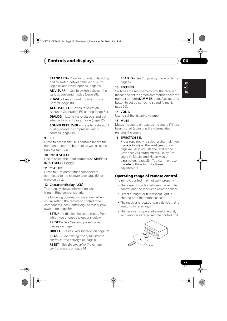 Operating range of remote control, Controls and displays 04 | Pioneer VSX-917V-S/-K User Manual | Page 27 / 70