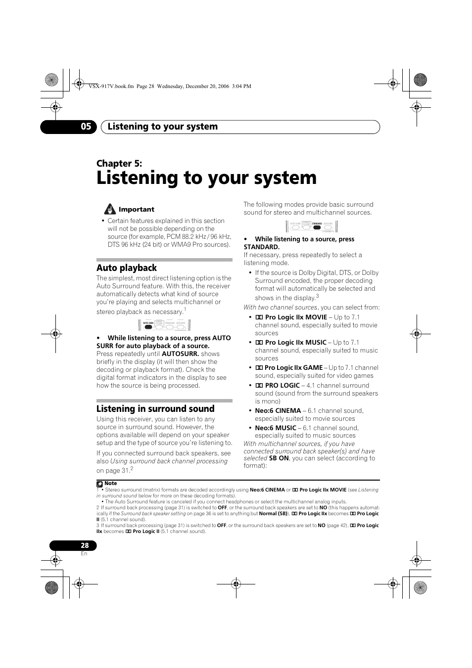 05 listening to your system, Auto playback, Listening in surround sound | Listening to your system, Listening to your system 05, Chapter 5 | Pioneer VSX-917V-S/-K User Manual | Page 28 / 70