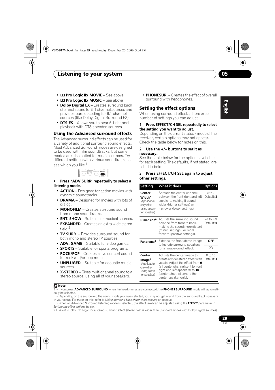 Using the advanced surround effects, Setting the effect options, Listening to your system 05 | Pioneer VSX-917V-S/-K User Manual | Page 29 / 70