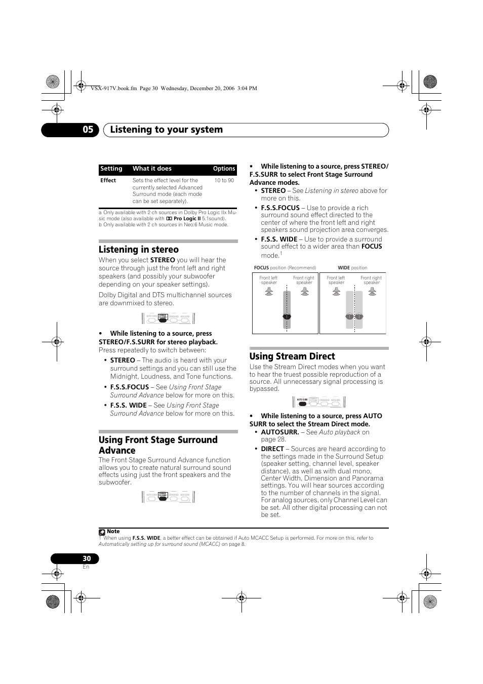 Listening in stereo, Using front stage surround advance, Using stream direct | Listening to your system 05 | Pioneer VSX-917V-S/-K User Manual | Page 30 / 70