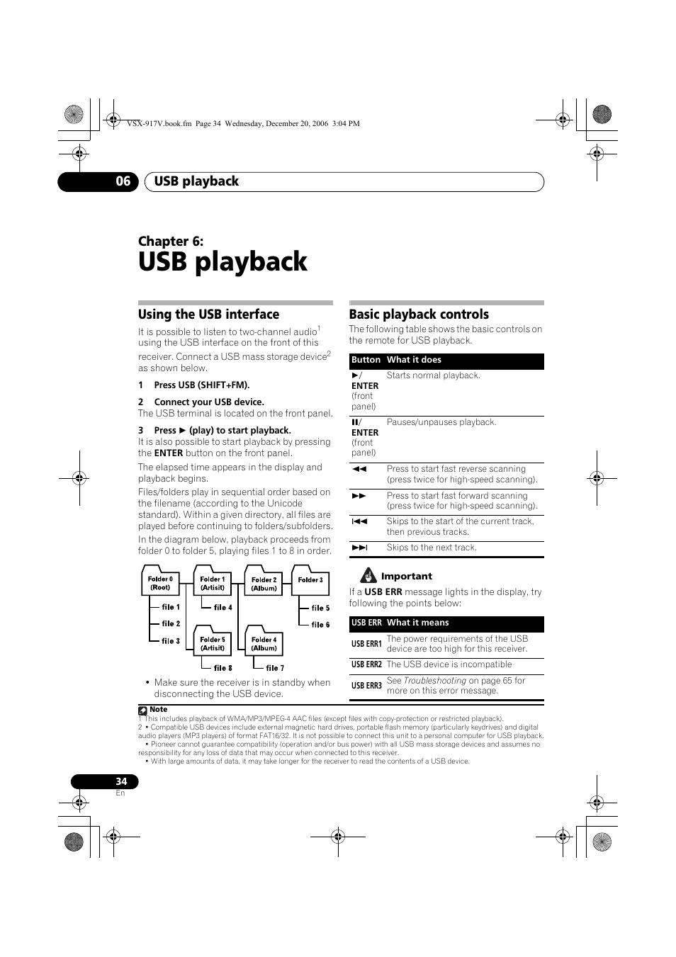 06 usb playback, Using the usb interface, Basic playback controls | Usb playback, Usb playback 06, Chapter 6 | Pioneer VSX-917V-S/-K User Manual | Page 34 / 70