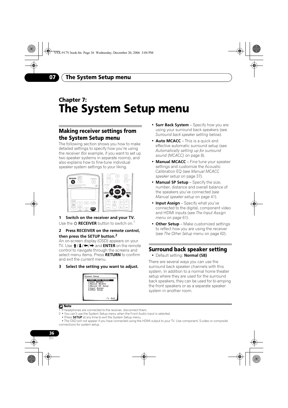 07 the system setup menu, Surround back speaker setting, The system setup menu | The system setup menu 07, Chapter 7 | Pioneer VSX-917V-S/-K User Manual | Page 36 / 70