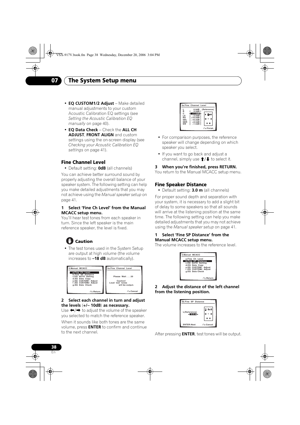 Fine channel level, Fine speaker distance, The system setup menu 07 | Pioneer VSX-917V-S/-K User Manual | Page 38 / 70