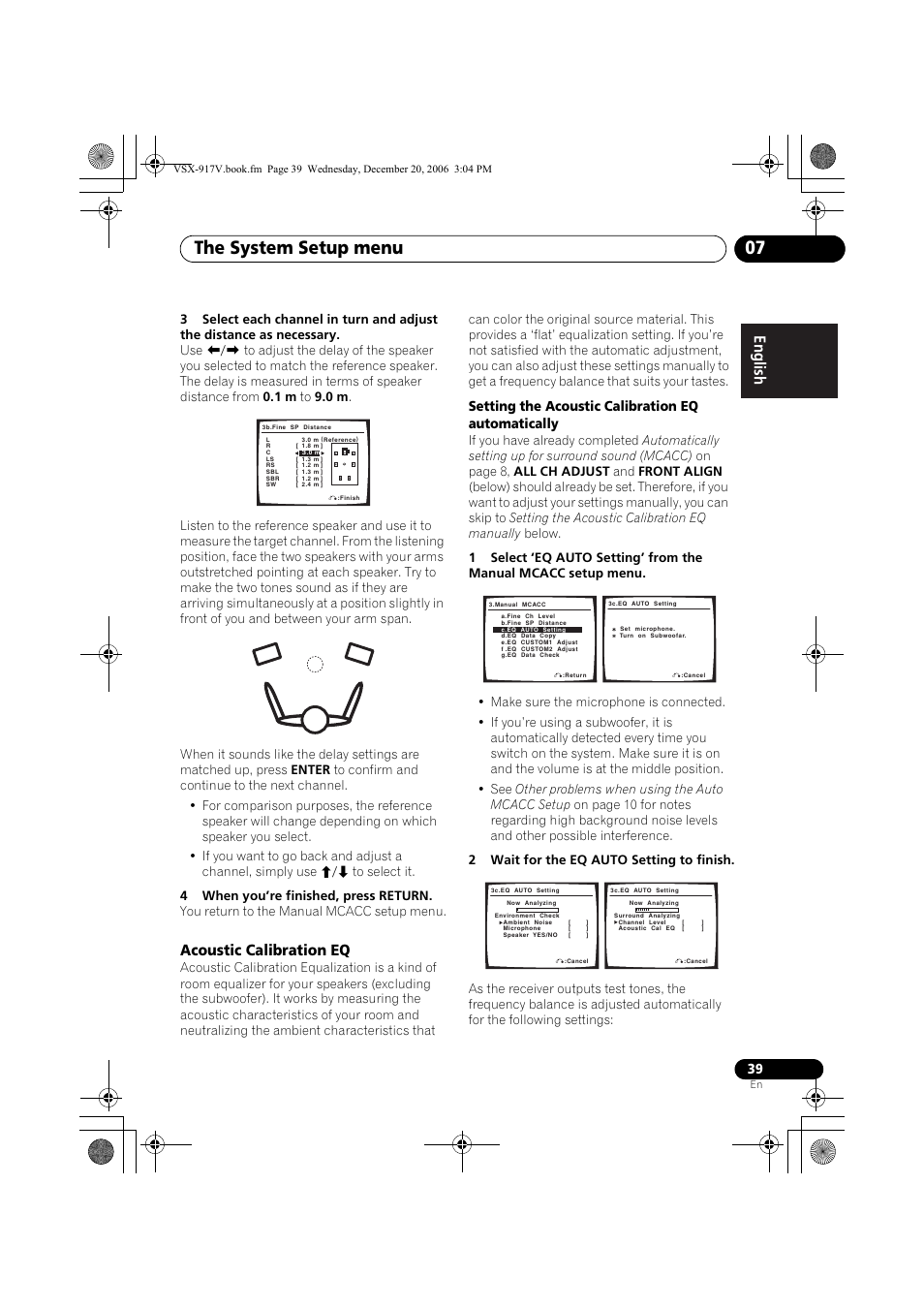 Acoustic calibration eq, The system setup menu 07, Setting the acoustic calibration eq automatically | Pioneer VSX-917V-S/-K User Manual | Page 39 / 70
