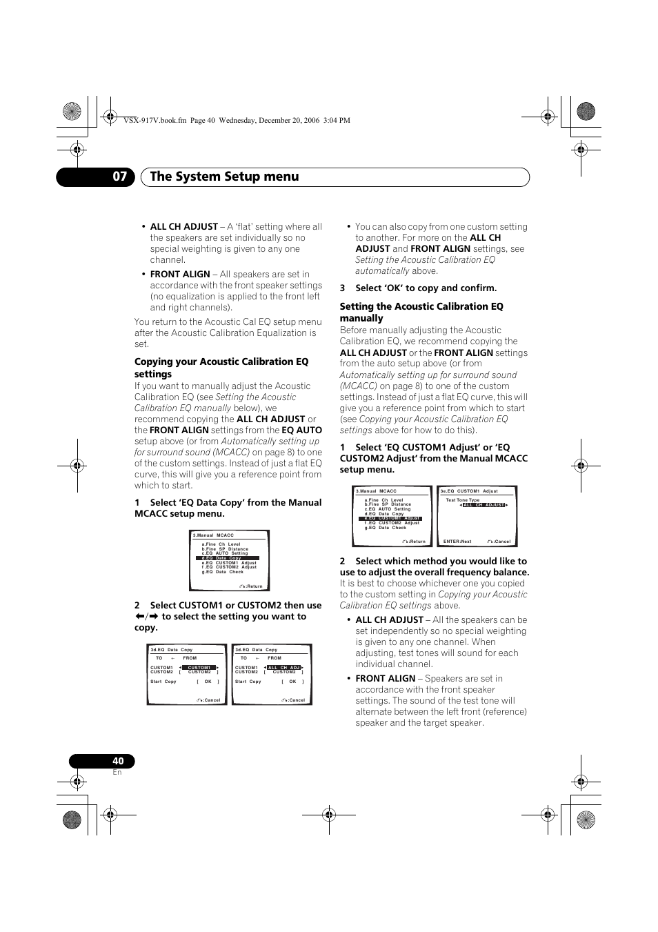 The system setup menu 07, Copying your acoustic calibration eq settings, Setting the acoustic calibration eq manually | Pioneer VSX-917V-S/-K User Manual | Page 40 / 70