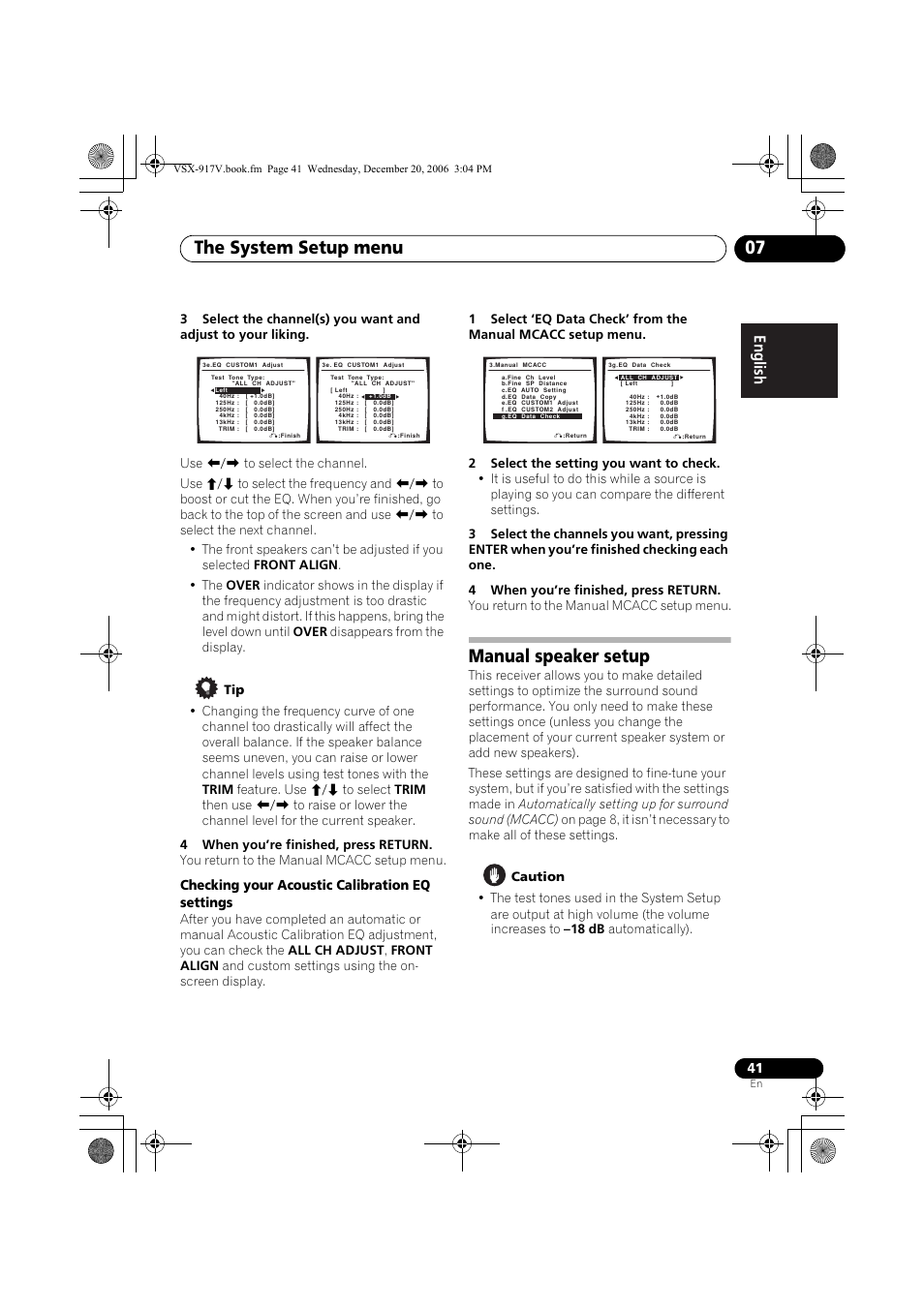 Manual speaker setup, The system setup menu 07, Checking your acoustic calibration eq settings | Pioneer VSX-917V-S/-K User Manual | Page 41 / 70