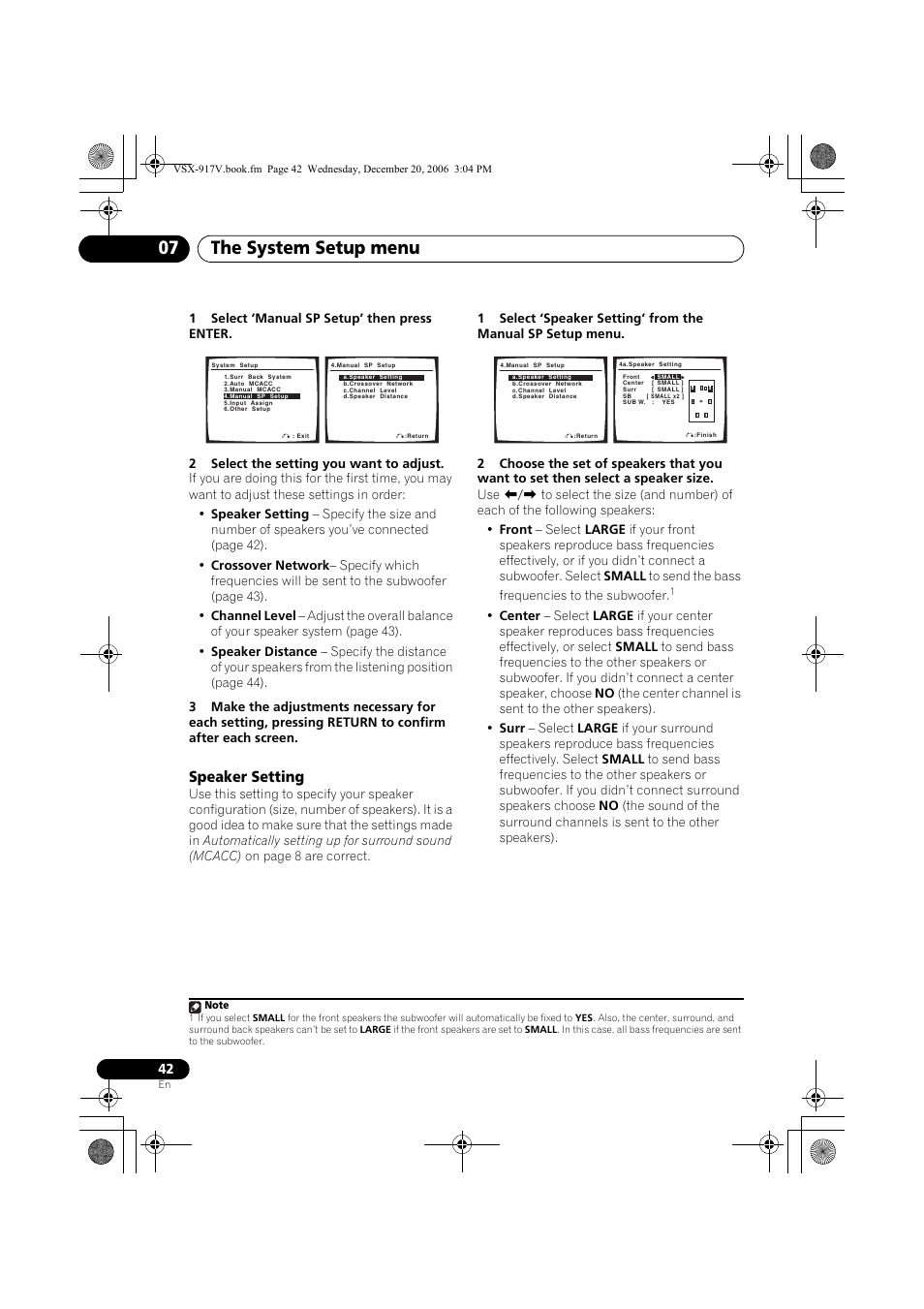 Speaker setting, The system setup menu 07 | Pioneer VSX-917V-S/-K User Manual | Page 42 / 70