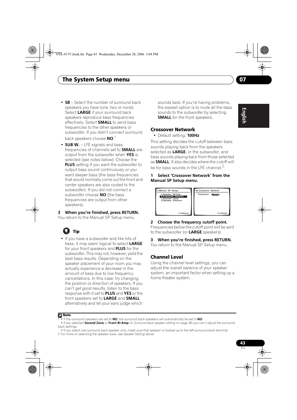 Crossover network, Channel level, The system setup menu 07 | Pioneer VSX-917V-S/-K User Manual | Page 43 / 70