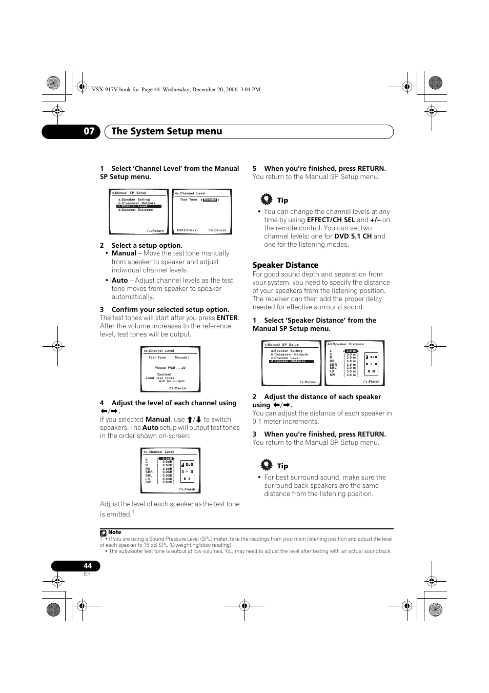 Speaker distance, The system setup menu 07 | Pioneer VSX-917V-S/-K User Manual | Page 44 / 70