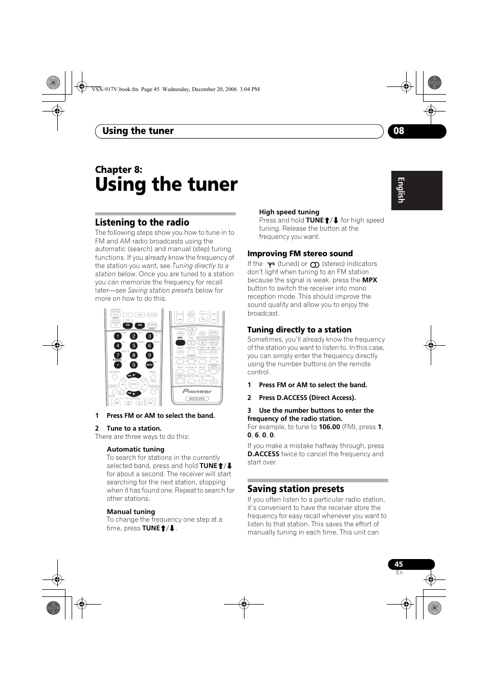 08 using the tuner, Listening to the radio, Improving fm stereo sound | Tuning directly to a station, Saving station presets, Using the tuner, Using the tuner 08, Chapter 8 | Pioneer VSX-917V-S/-K User Manual | Page 45 / 70