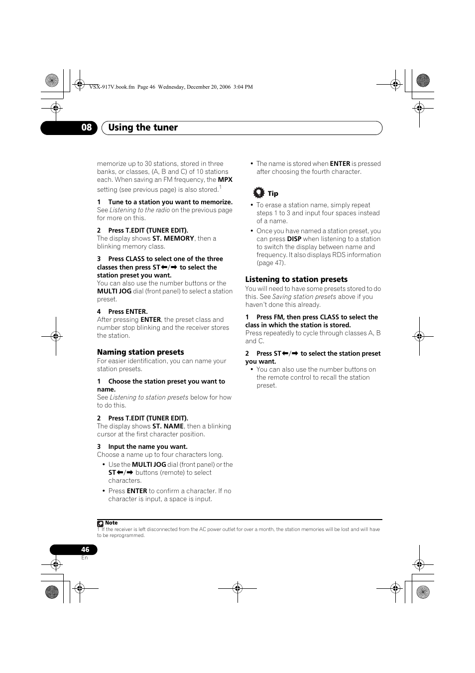 Naming station presets, Listening to station presets, Using the tuner 08 | Pioneer VSX-917V-S/-K User Manual | Page 46 / 70