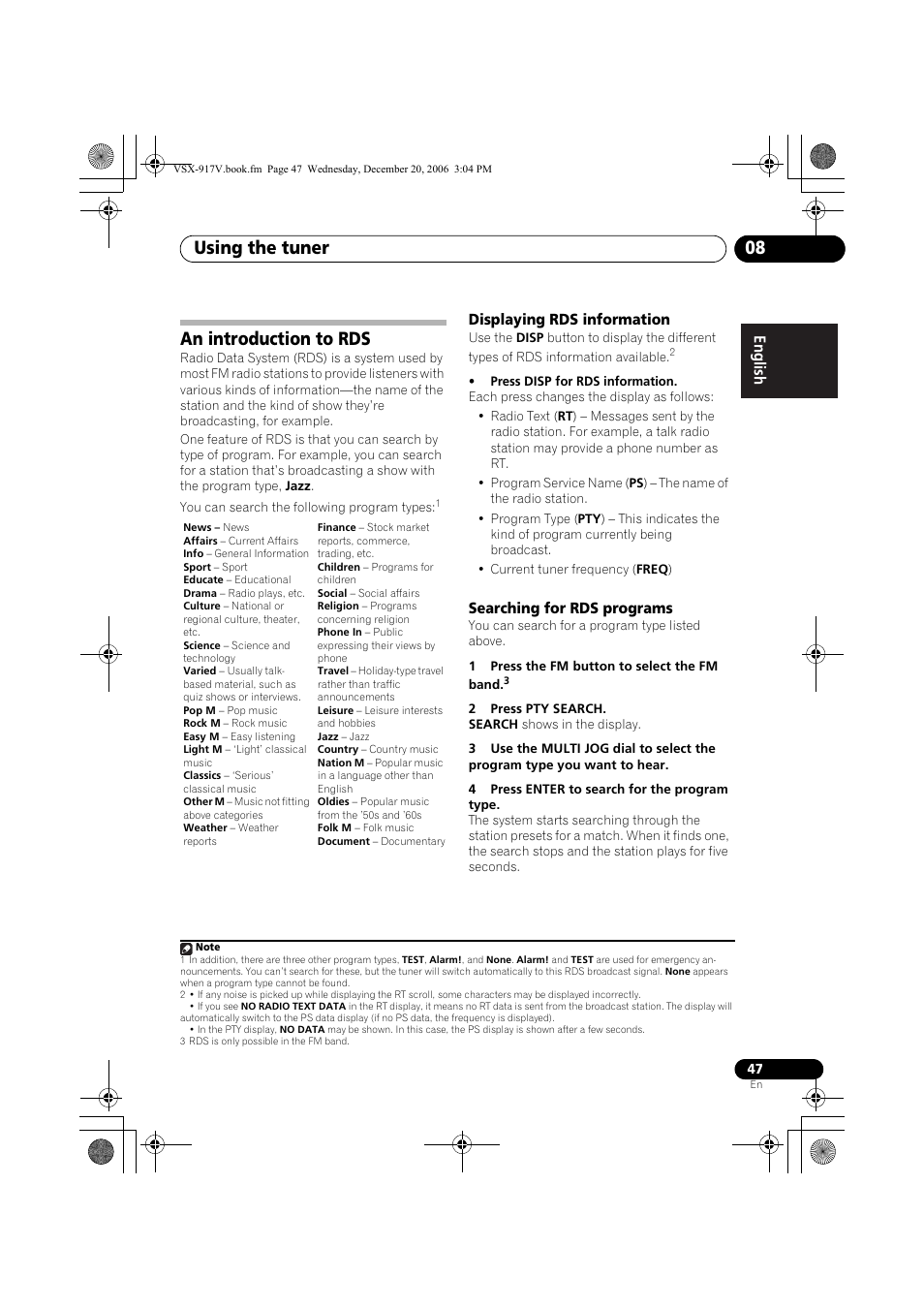 An introduction to rds, Displaying rds information, Searching for rds programs | Using the tuner 08 | Pioneer VSX-917V-S/-K User Manual | Page 47 / 70