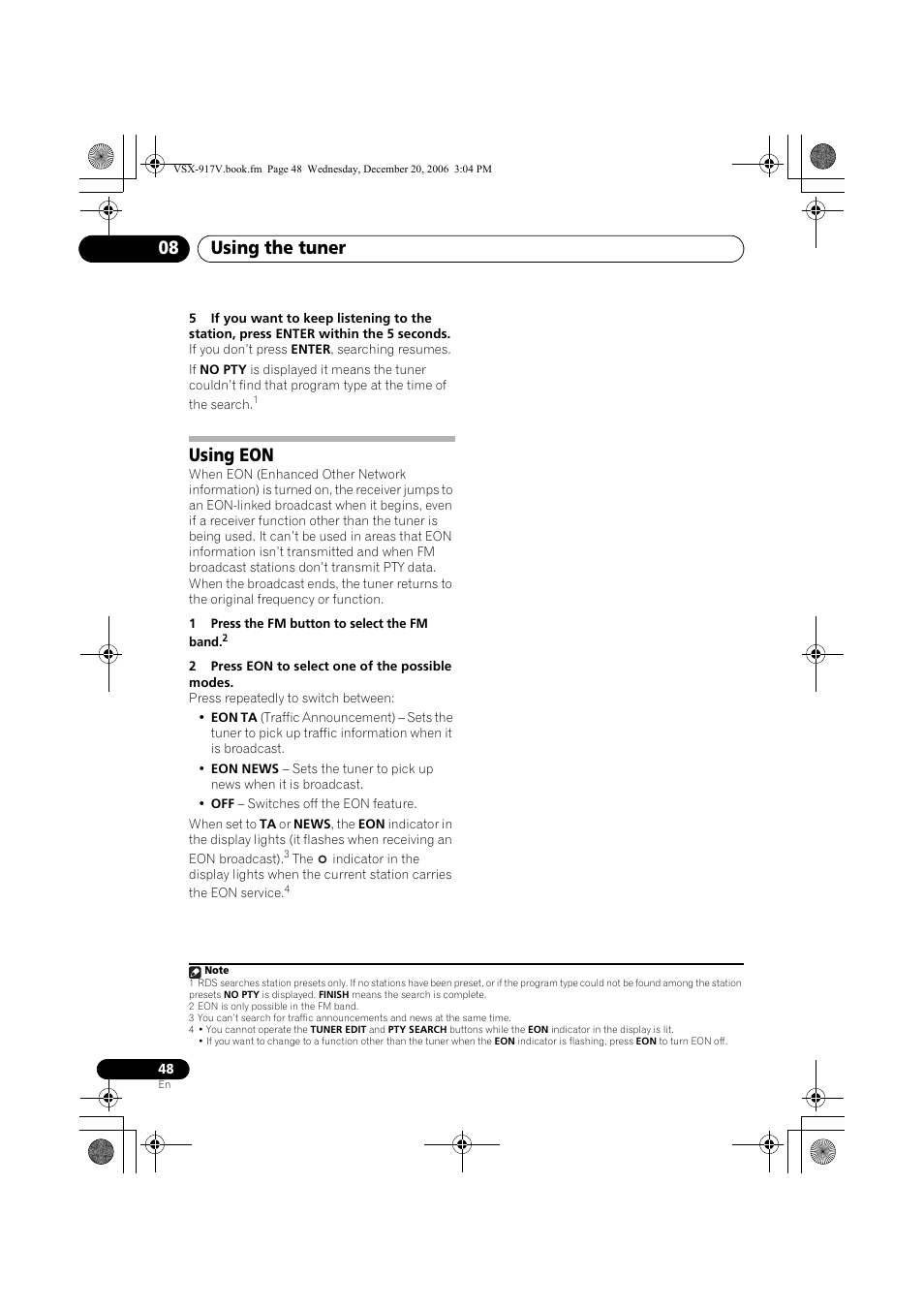 Using eon, Using the tuner 08 | Pioneer VSX-917V-S/-K User Manual | Page 48 / 70