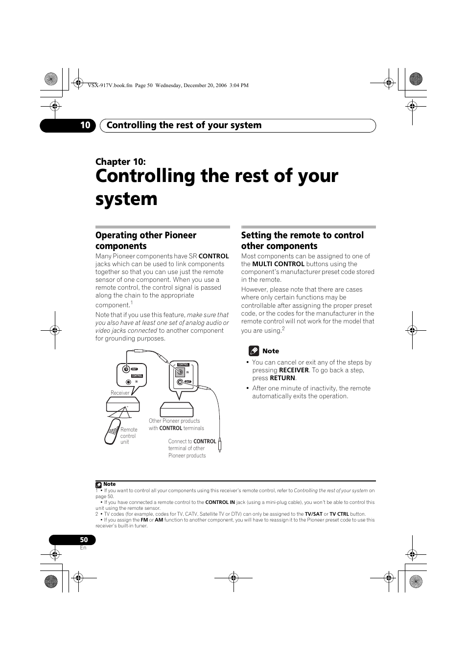 10 controlling the rest of your system, Operating other pioneer components, Setting the remote to control other components | Controlling the rest of your system, Controlling the rest of your system 10, Chapter 10 | Pioneer VSX-917V-S/-K User Manual | Page 50 / 70