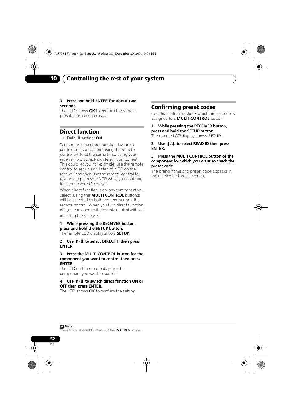 Direct function, Confirming preset codes, Controlling the rest of your system 10 | Pioneer VSX-917V-S/-K User Manual | Page 52 / 70