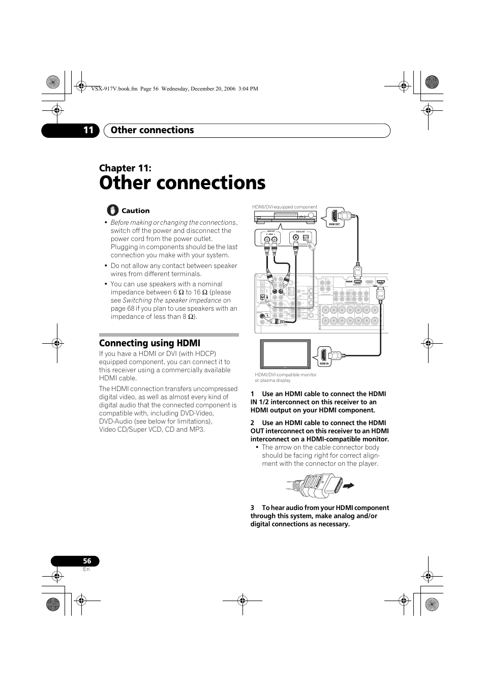 11 other connections, Connecting using hdmi, Other connections | Other connections 11, Chapter 11, Front, Center surround, Surround back | Pioneer VSX-917V-S/-K User Manual | Page 56 / 70