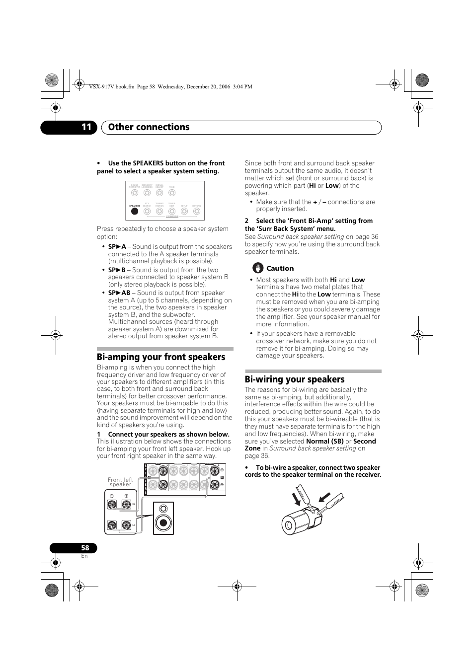 Bi-amping your front speakers, Bi-wiring your speakers, Other connections 11 | Pioneer VSX-917V-S/-K User Manual | Page 58 / 70