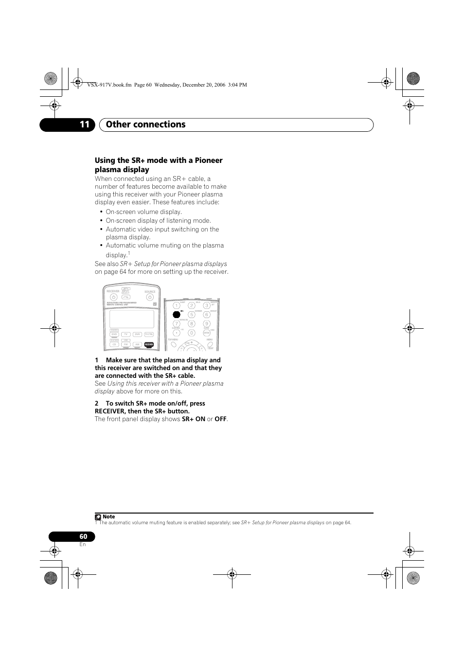 Using the sr+ mode with a pioneer plasma display, Other connections 11 | Pioneer VSX-917V-S/-K User Manual | Page 60 / 70