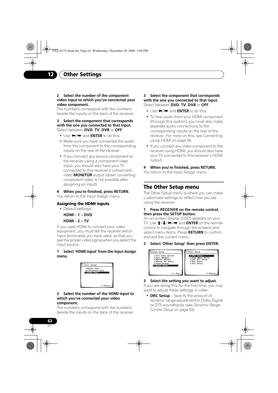 The other setup menu, Other settings 12 | Pioneer VSX-917V-S/-K User Manual | Page 62 / 70