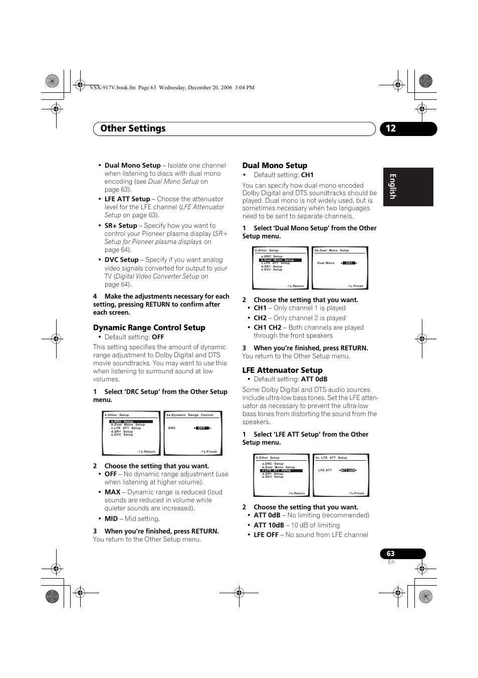 Dynamic range control setup, Dual mono setup, Lfe attenuator setup | Other settings 12 | Pioneer VSX-917V-S/-K User Manual | Page 63 / 70