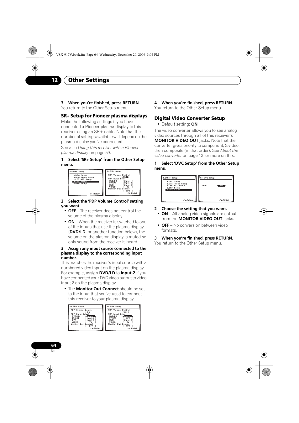 Sr+ setup for pioneer plasma displays, Digital video converter setup, Other settings 12 | Pioneer VSX-917V-S/-K User Manual | Page 64 / 70