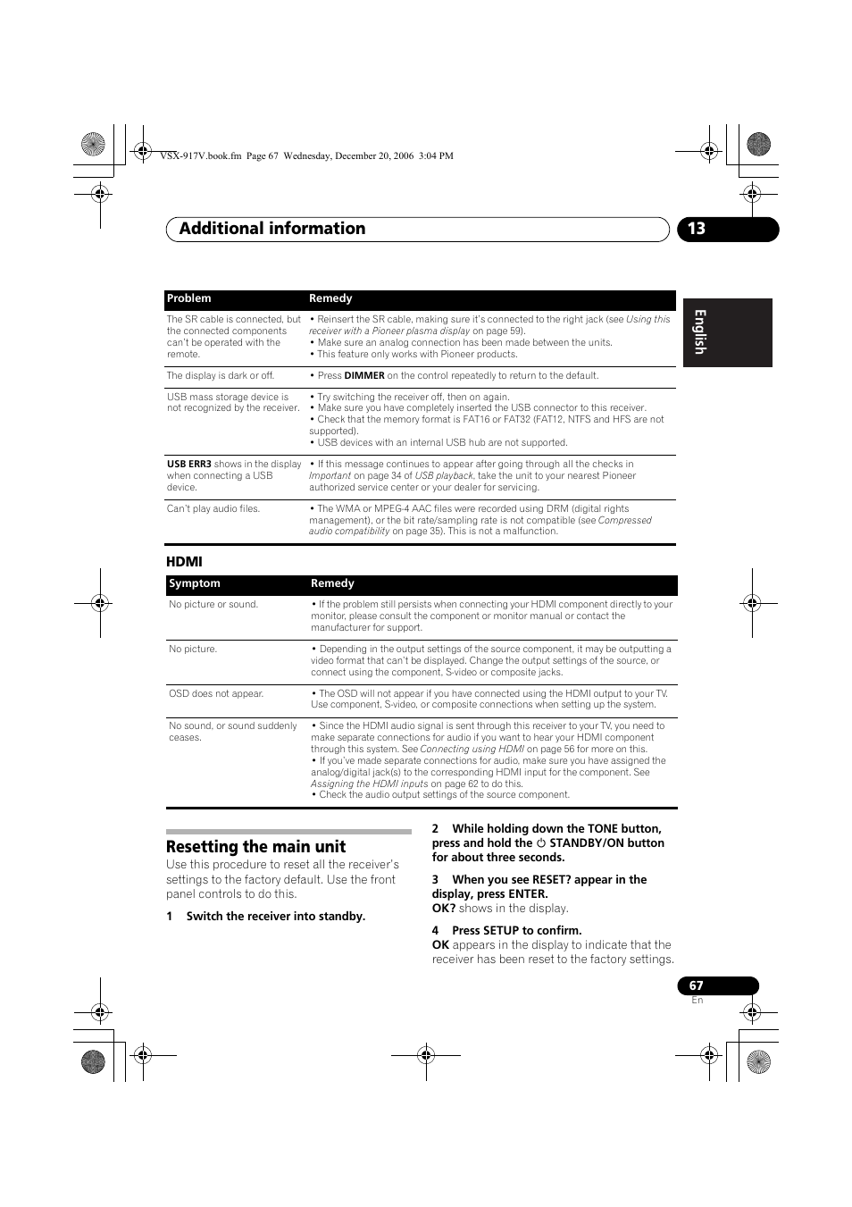 Hdmi, Resetting the main unit, Additional information 13 | Pioneer VSX-917V-S/-K User Manual | Page 67 / 70