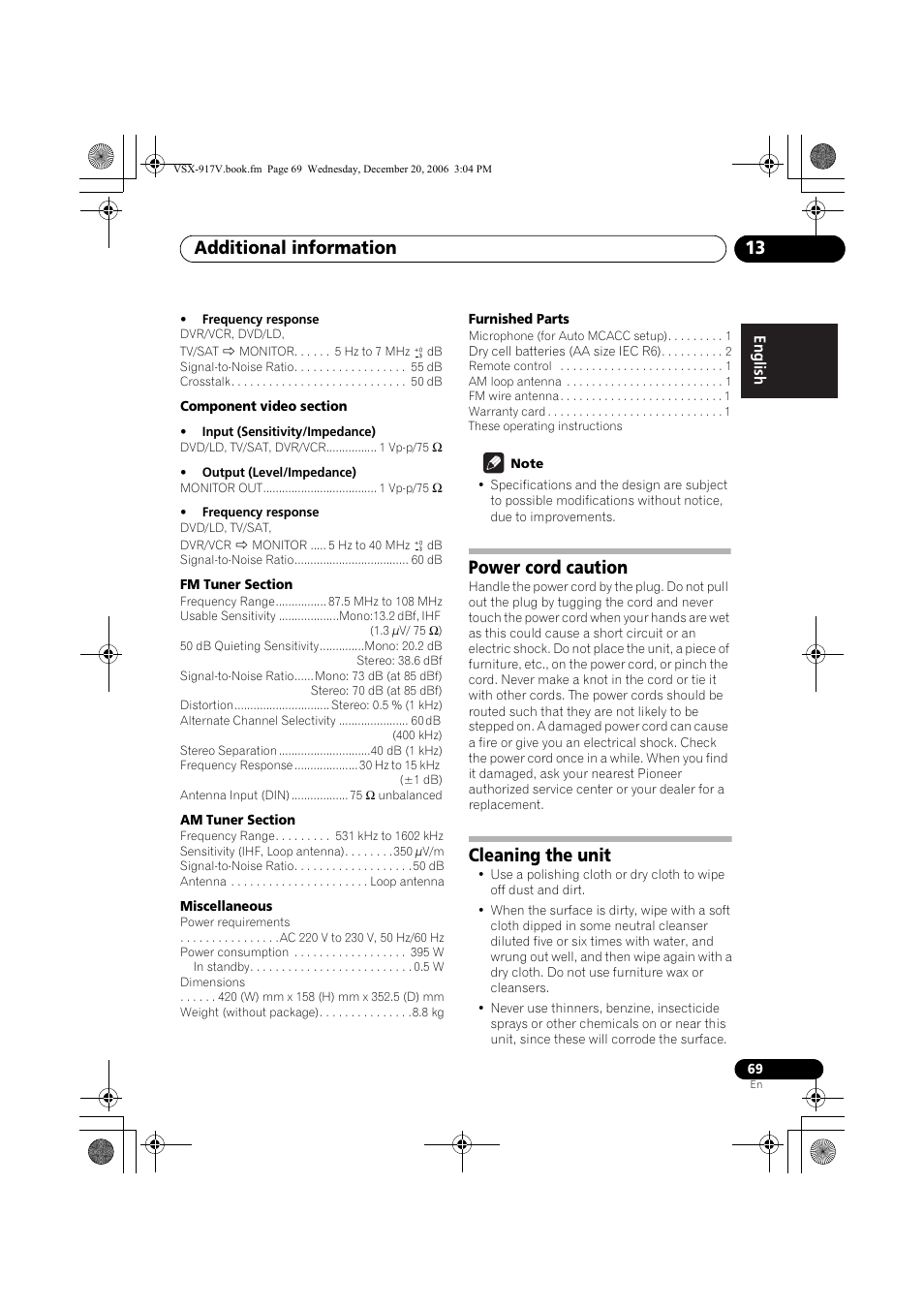 Power cord caution, Cleaning the unit, Additional information 13 | Pioneer VSX-917V-S/-K User Manual | Page 69 / 70