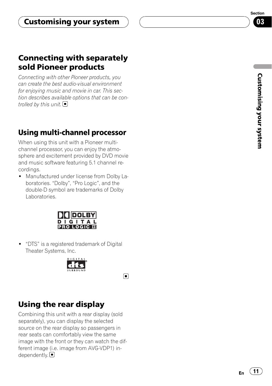 Products, Using multi-channel processor, Using the rear display | Connecting with separately sold pioneer products, Customising your system | Pioneer XDV-P6 User Manual | Page 11 / 58