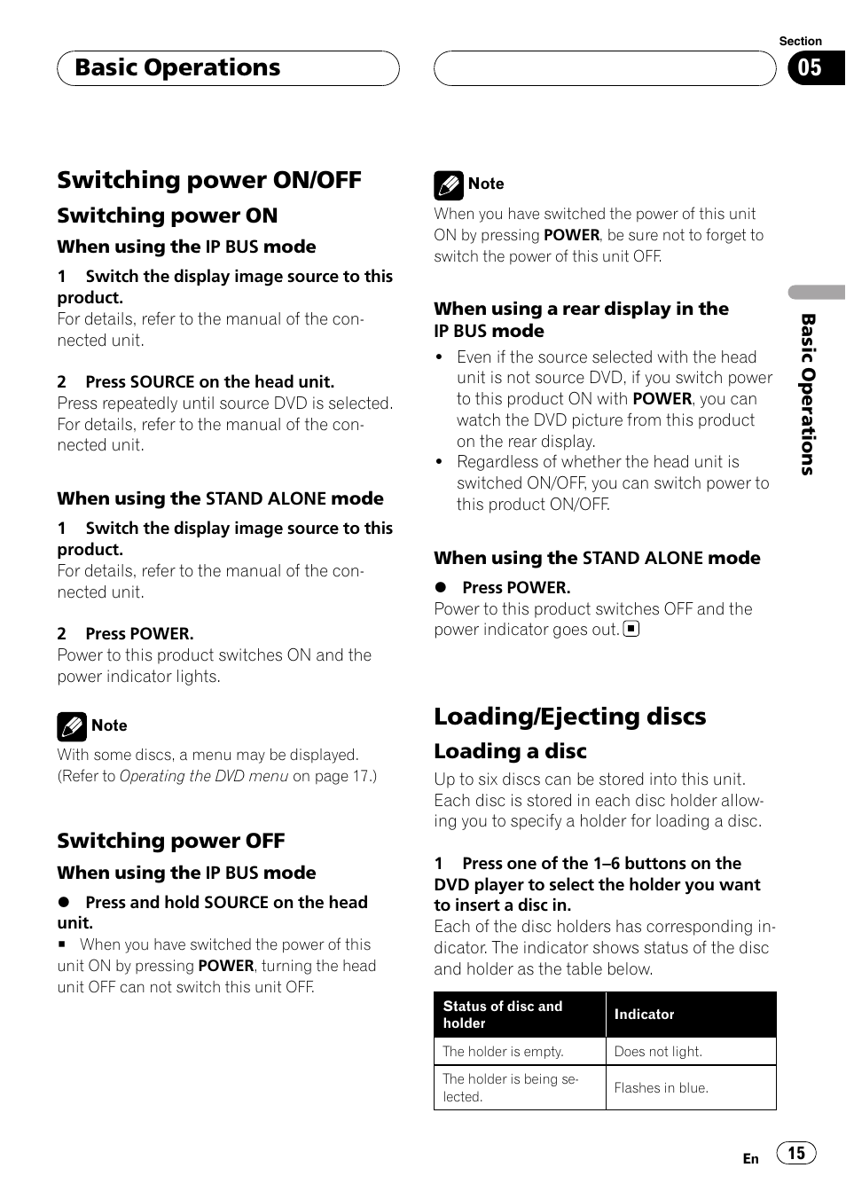Basic operations switching power on/off, Loading/ejecting discs, Switching power on/off | Basic operations, Switching power on, Switching power off, Loading a disc | Pioneer XDV-P6 User Manual | Page 15 / 58
