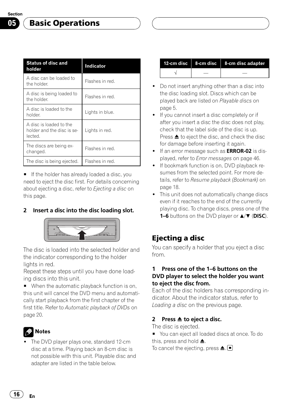 Basic operations, Ejecting a disc | Pioneer XDV-P6 User Manual | Page 16 / 58