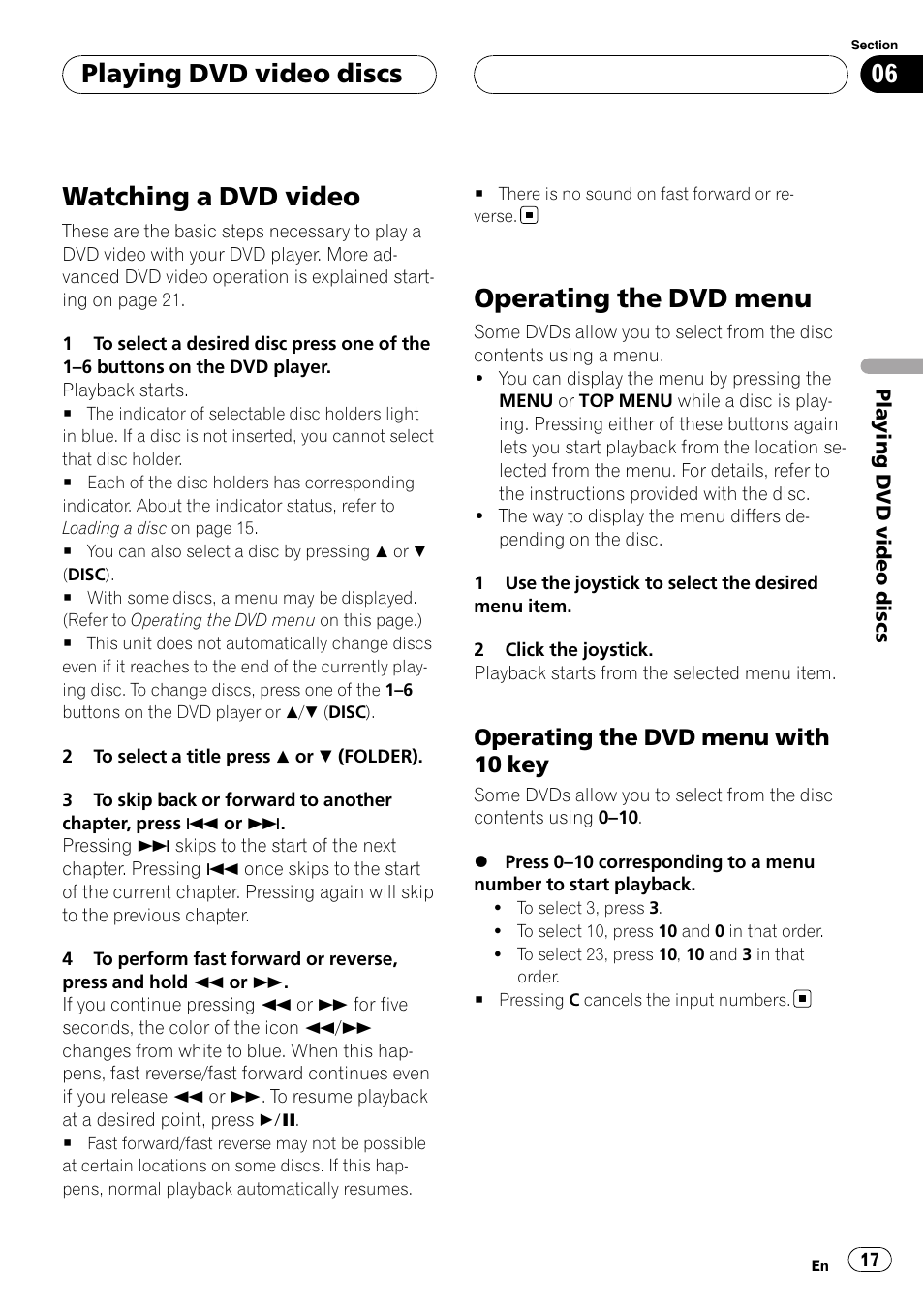 Playing dvd video discs watching a dvd video, Operating the dvd menu, Watching a dvd video | Playing dvd video discs, Operating the dvd menu with 10 key | Pioneer XDV-P6 User Manual | Page 17 / 58