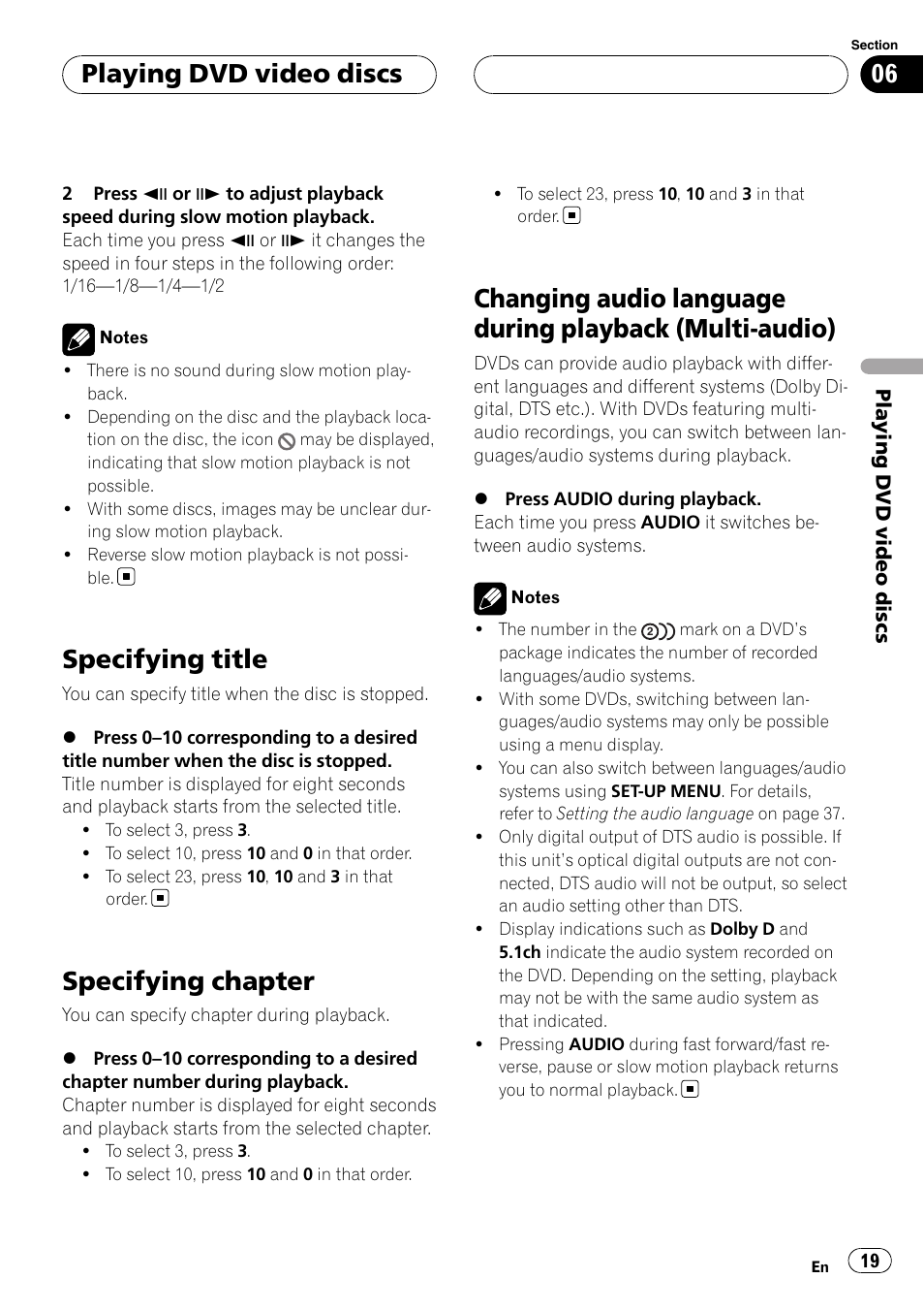 Specifying title, Specifying chapter, Changing audio language during playback | Multi-audio), Playing dvd video discs | Pioneer XDV-P6 User Manual | Page 19 / 58