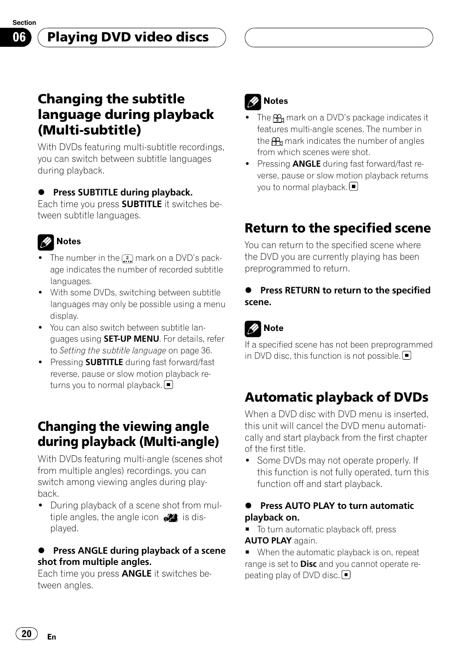 Changing the subtitle language during, Playback (multi-subtitle), Changing the viewing angle during playback | Multi-angle), Return to the specified scene, Automatic playback of dvds, Playing dvd video discs | Pioneer XDV-P6 User Manual | Page 20 / 58