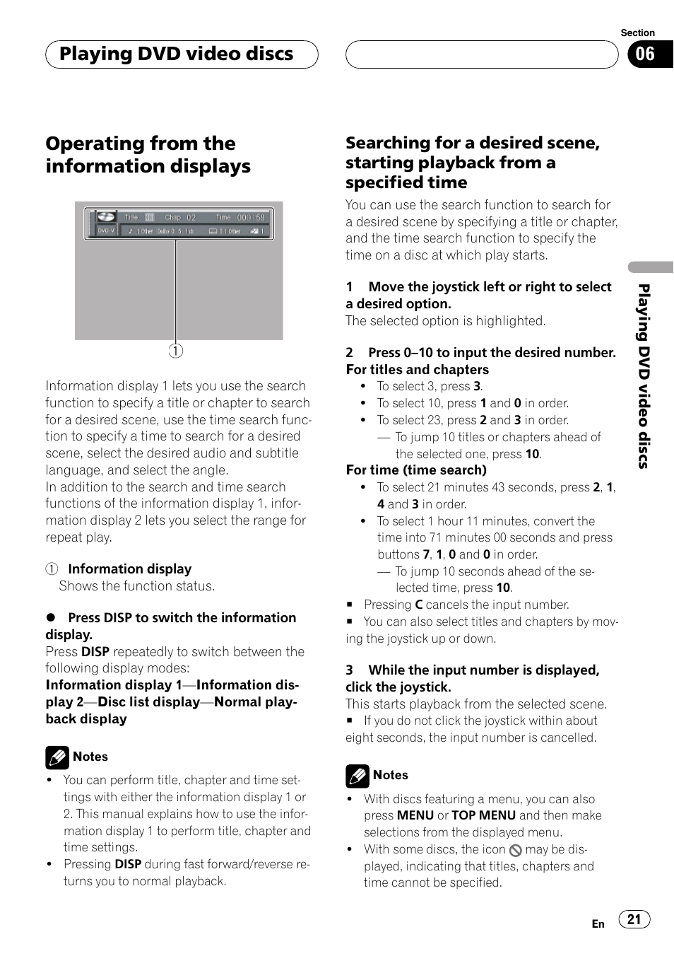 Operating from the information displays, Playing dvd video discs | Pioneer XDV-P6 User Manual | Page 21 / 58