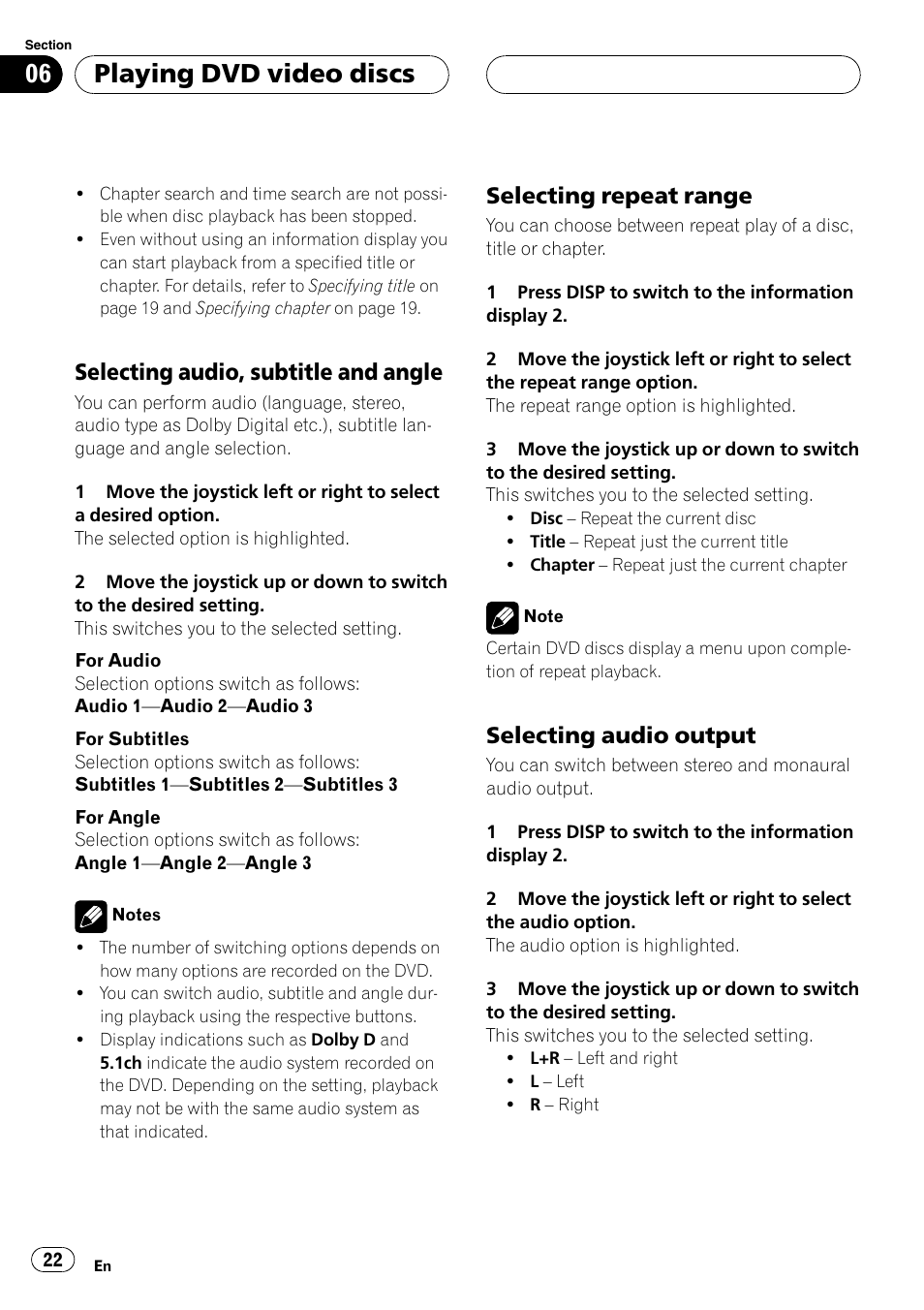 Playing dvd video discs, Selecting audio, subtitle and angle, Selecting repeat range | Selecting audio output | Pioneer XDV-P6 User Manual | Page 22 / 58