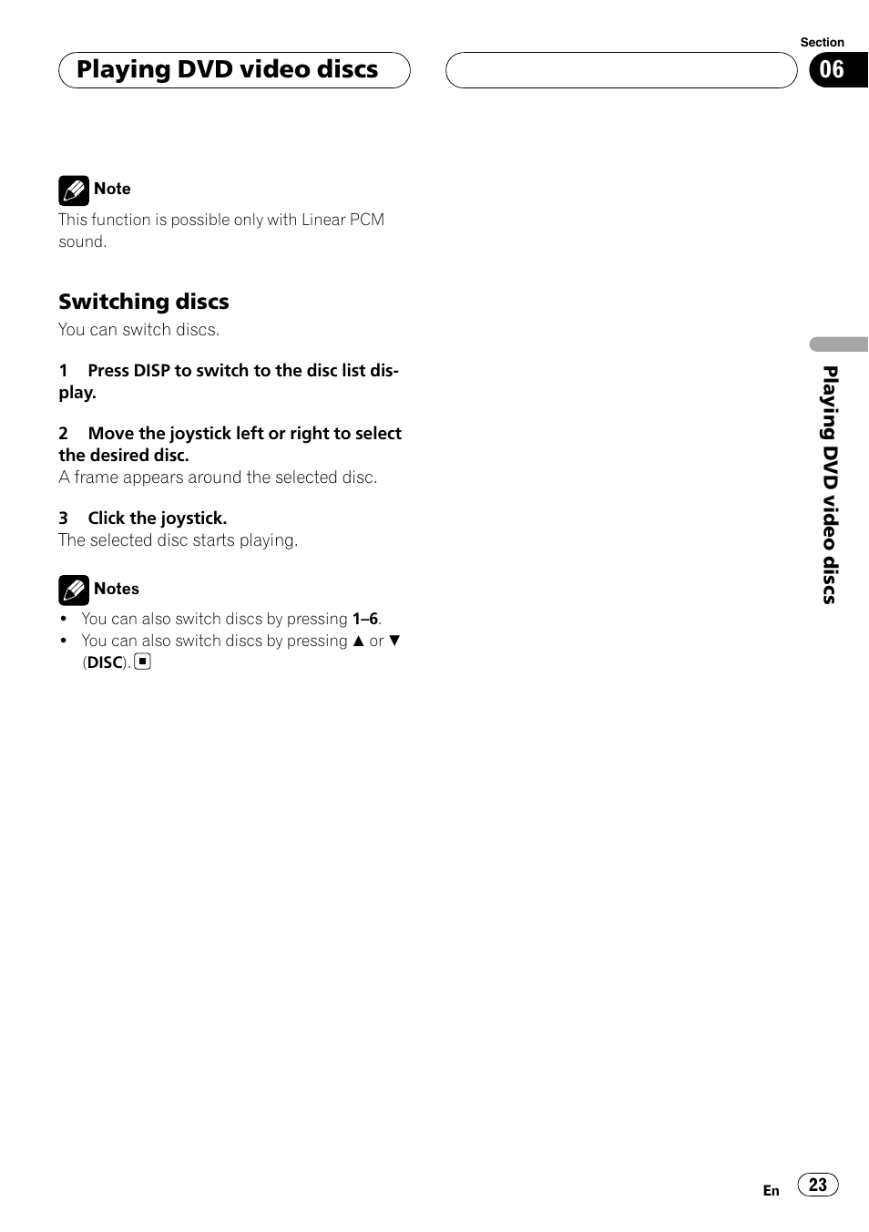 Playing dvd video discs, Switching discs | Pioneer XDV-P6 User Manual | Page 23 / 58