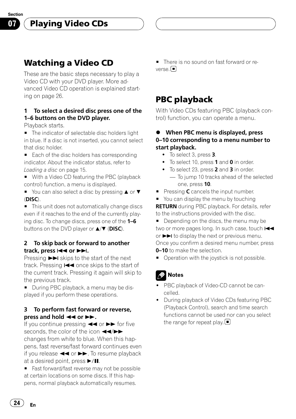 Playing video cds watching a video cd, Pbc playback, Watching a video cd | Playing video cds | Pioneer XDV-P6 User Manual | Page 24 / 58