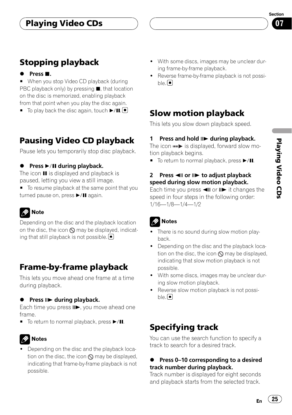 Stopping playback, Pausing video cd playback, Frame-by-frame playback | Slow motion playback, Specifying track, Playing video cds | Pioneer XDV-P6 User Manual | Page 25 / 58