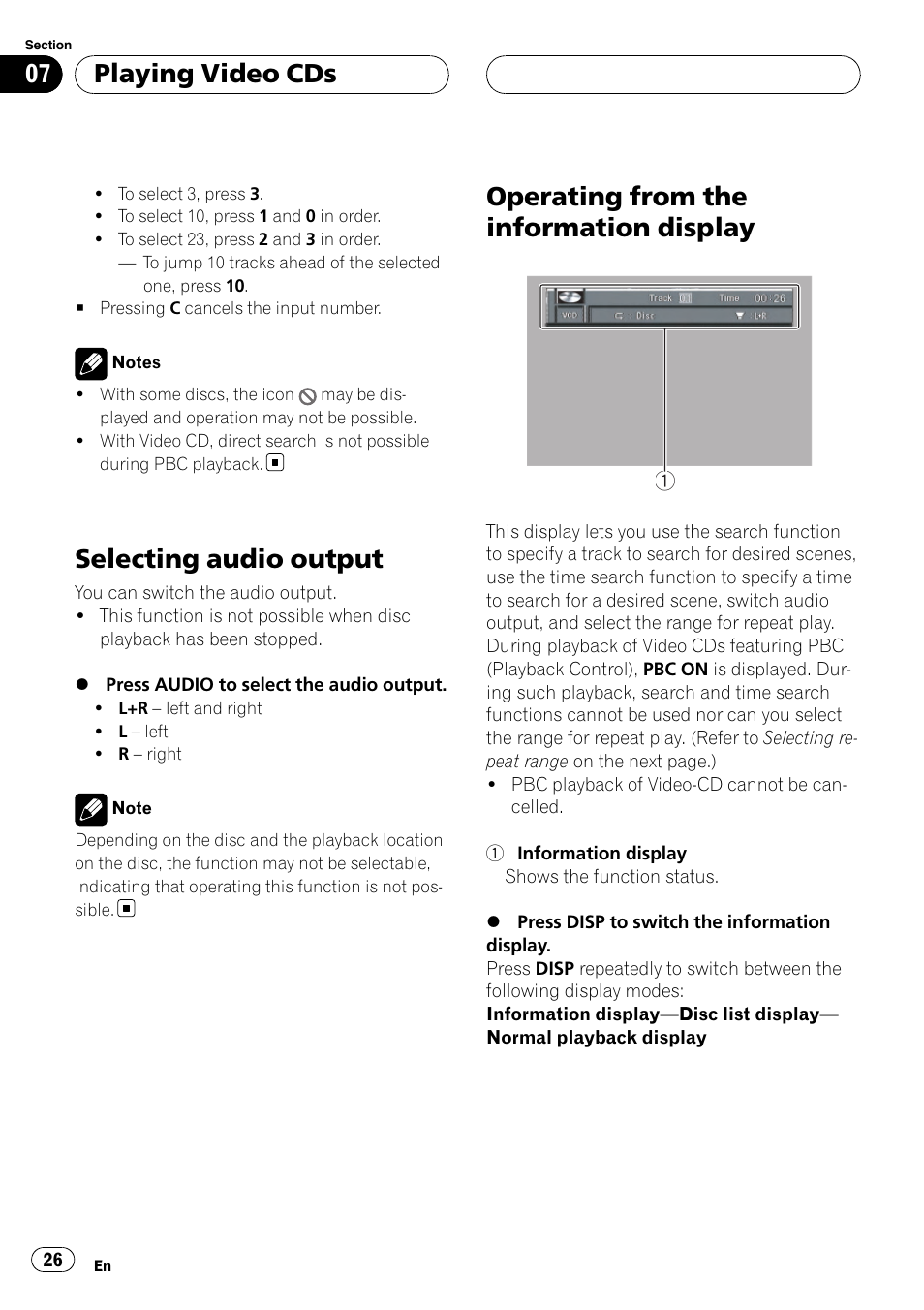 Selecting audio output, Operating from the information display, Playing video cds | Pioneer XDV-P6 User Manual | Page 26 / 58