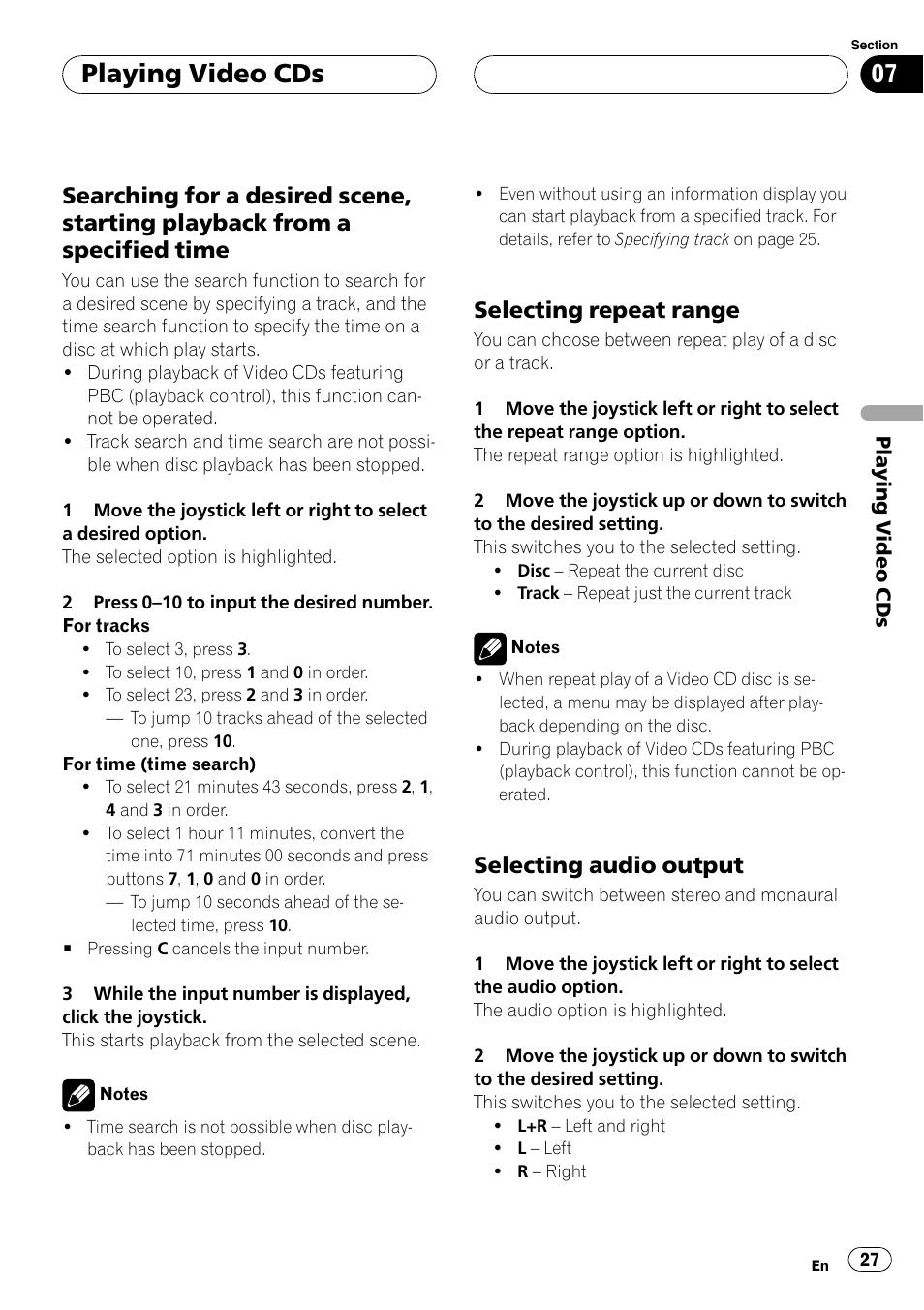Playing video cds, Selecting repeat range, Selecting audio output | Pioneer XDV-P6 User Manual | Page 27 / 58