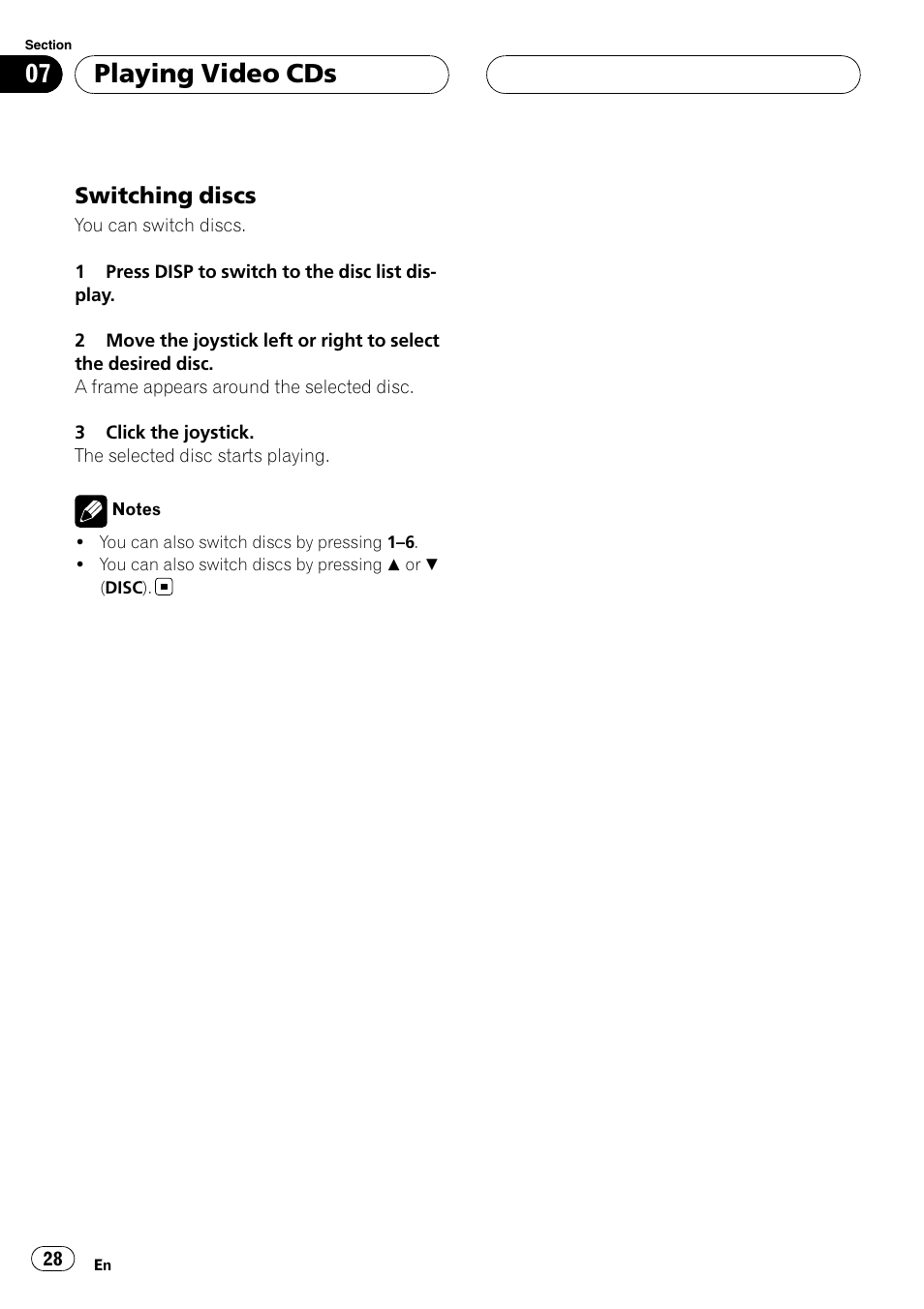 Playing video cds, Switching discs | Pioneer XDV-P6 User Manual | Page 28 / 58